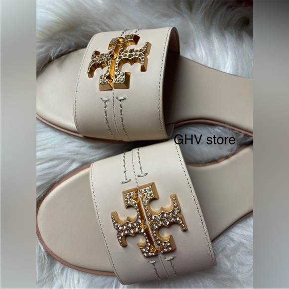 Tory Burch Everly Slide Sandals Calf Leather Crystal Logo Dulce De Leche - Picture 3 of 4